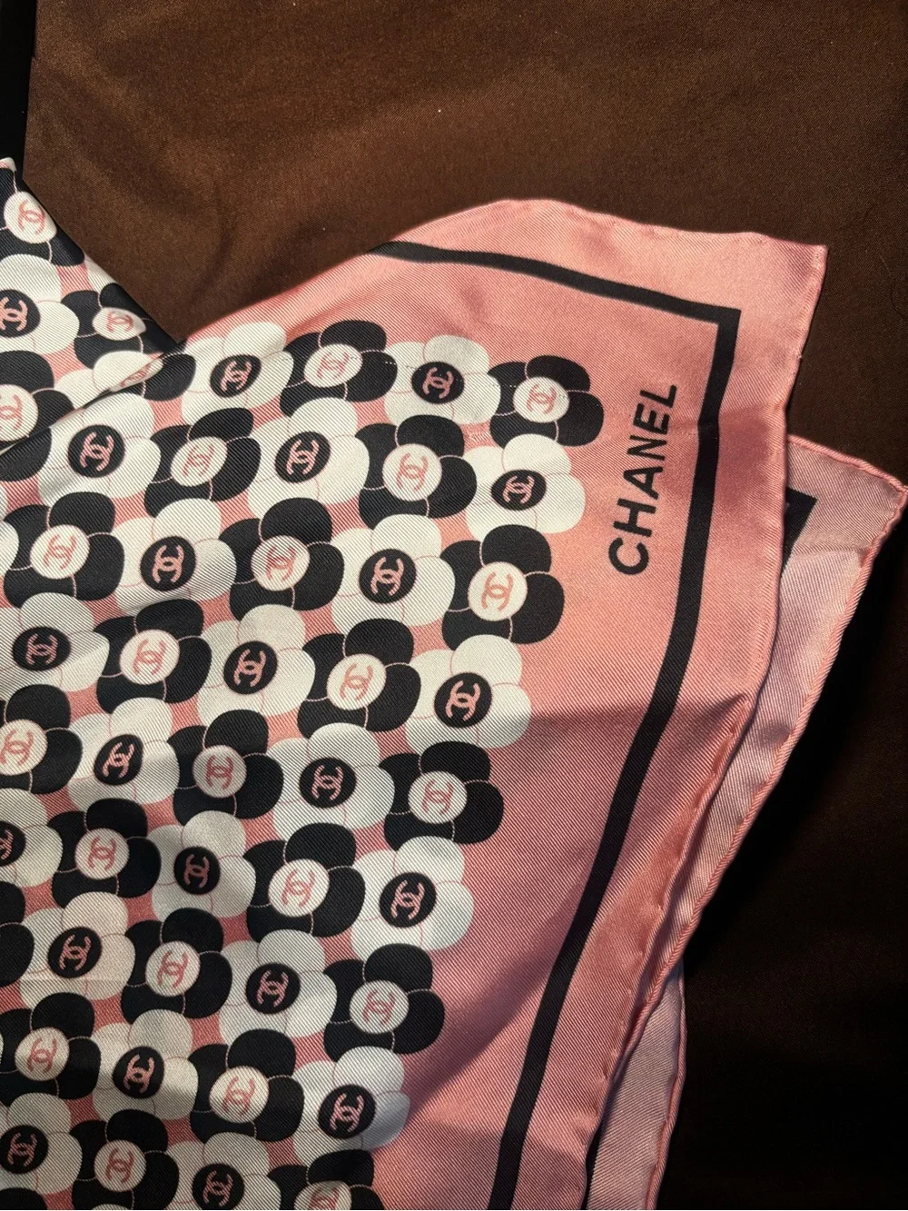 Chanel Pink & Black Logo Silk Scarf